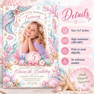 May include: A 5x7 inch birthday invitation card featuring a mermaid theme with watercolor illustrations of seashells, starfish, coral, and bubbles. The text reads Our Little Mermaid Is Turning 5, Olivia's 5th Birthday, and event details.