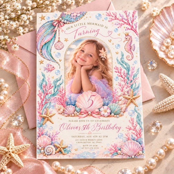 Mermaid 5th Birthday Invitation Girl, Editable Canva Template, Under The Sea Photo Invite, Printable Instant Download