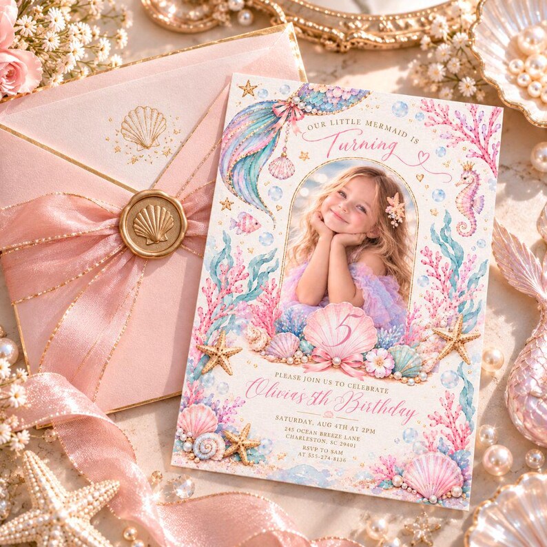 May include: A rectangular birthday invitation card featuring a central photo of a child, surrounded by watercolor illustrations of pink coral, teal seaweed, starfish, and seashells. The text reads Our Little Mermaid Is Turning 5, Olivia's 5th Birthday.