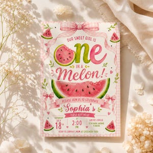 One in a Melon 1st Birthday Girl Invite, Watermelon First Birthday Party Invitation, Editable Canva Template, Printable, Instant Download