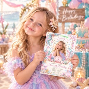 May include: A rectangular birthday invitation card featuring a mermaid theme with pastel pink, blue, and gold illustrations of seashells, coral, and a seahorse. The text reads Our Little Mermaid Is Turning 5, Olivia's 5th Birthday, and event details.