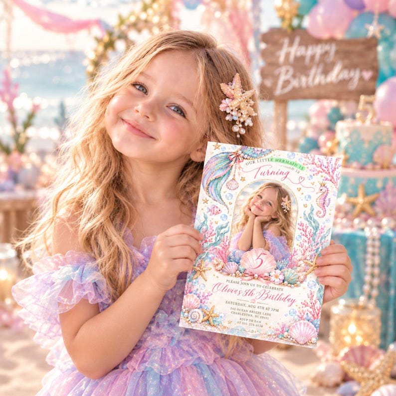May include: A rectangular birthday invitation card featuring a mermaid theme with pastel pink, blue, and gold illustrations of seashells, coral, and a seahorse. The text reads Our Little Mermaid Is Turning 5, Olivia's 5th Birthday, and event details.