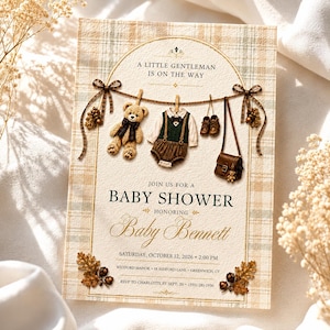 Babyshowerinbjudan till lilla gentleman, pojke - redigerbar Canvas-mall, utskrivbar preppy nallebjörnshöstinbjudan, direktnedladdning