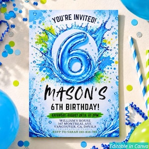 Vattenstänk 6-årsinbjudan Pojke | Redigerbar Canvasmall Utskrivbar Digital Nedladdning Poolparty Stänkfest Vattenpistol 7:e 8:e Födelsedag