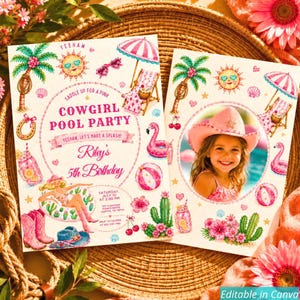 May include: Two rectangular party invitations featuring a Cowgirl Pool Party theme with illustrations of palm trees, a sun, a beach umbrella, a lounge chair, a flamingo float, a cactus, and pink cowboy boots, with text including Rilay's 5th Birthday.
