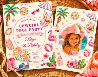 Pink Cowgirl Pool Party Birthday Invitation Girl | Editable Canva Template, Printable, Instant Download, Western Pool Party Invite