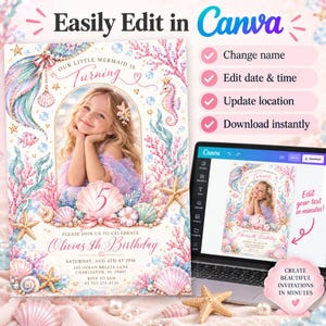 May include: A digital birthday invitation template featuring a mermaid theme with watercolor illustrations of seashells, starfish, and coral. The design includes a central photo frame, the text "Our Little Mermaid is Turning 5," and editable fields for event details, displayed on a laptop screen.