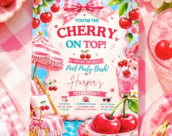 Cherry on Top Pool Party 5th Birthday Invitation Girl Editable Canva Template Printable Instant Download Gingham Bow Summer Cherry Pool Girl