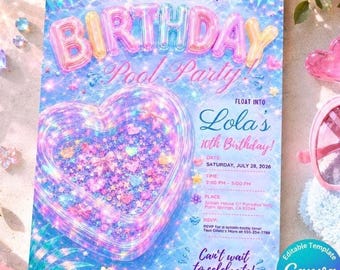 Pastel Pool Party Girl Birthday Invitation Editable | 8 9 10 11th Birthday Canva Template Printable Instant Download Iridescent Summer