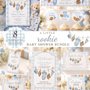 Puede incluir: Un conjunto de papelería para baby shower con un patrón de cuadros vichy azul claro e ilustraciones de equipo deportivo en un tendedero. El texto incluye A Little Rookie, Welcome, Books For Baby, Diaper Raffle y Custom Sign.