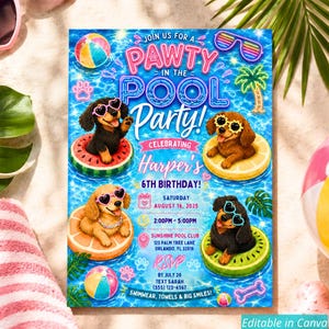 Puppy Pool Party 6th Birthday Invitation Girl Editable Canva Template Dachshund Dog Pool Floats Summer Printable Digital Instant Download