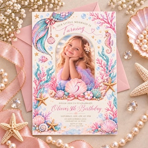 May include: A rectangular birthday invitation card featuring a central oval photo frame of a child, surrounded by watercolor illustrations of pink coral, starfish, seashells, and a seahorse. The text reads Our Little Mermaid Is Turning 5, Olivia's 5th Birthday, Saturday, Aug 4th at 2pm, 245 Ocean Breeze Lane, Charleston, SC 29401, RSVP to Sam at 555-274-8136.