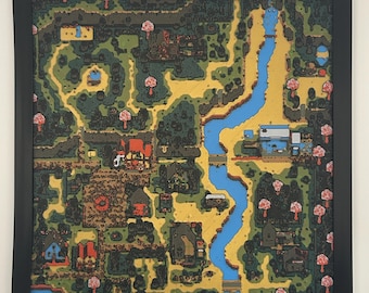 May include: A framed, colorful map illustration with a black border. The map features a winding blue river, roads, buildings, and trees in shades of green, yellow, red, and brown. The artwork has a cartoonish style.