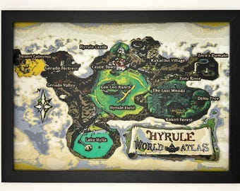 May include: A framed map of the Hyrule world featuring labeled locations such as Hyrule Castle, Lon Lon Ranch, and Lake Hylia. The map includes a compass rose and a scroll graphic in the bottom right corner with the text Hyrule World Atlas.