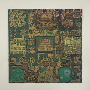May include: A square, stylized map illustration with a pixelated aesthetic. The map features a variety of terrain, including forests, water bodies, and structures, rendered in shades of green, brown, and yellow. The artwork has a textured appearance.