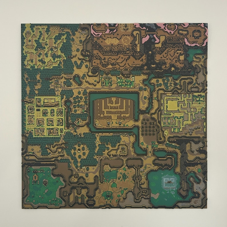 May include: A square, stylized map illustration with a pixelated aesthetic. The map features a variety of terrain, including forests, water bodies, and structures, rendered in shades of green, brown, and yellow. The artwork has a textured appearance.