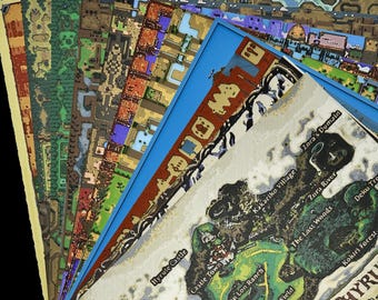 May include: A collection of layered, rectangular prints featuring colorful, pixelated fantasy maps. The top print displays a detailed map of Hyrule with labeled locations such as Hyrule Castle, Lon Lon Ranch, Kakariko Village, Zora's Domain, and Kokiri Forest, with the text Hyrule World visible in the corner.