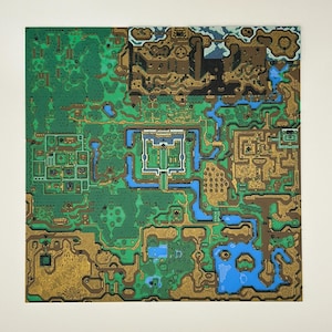 May include: A detailed map illustration featuring a green, gold, and blue color scheme. The artwork depicts a stylized landscape with various structures, waterways, and terrain features. The map is set against a white background.