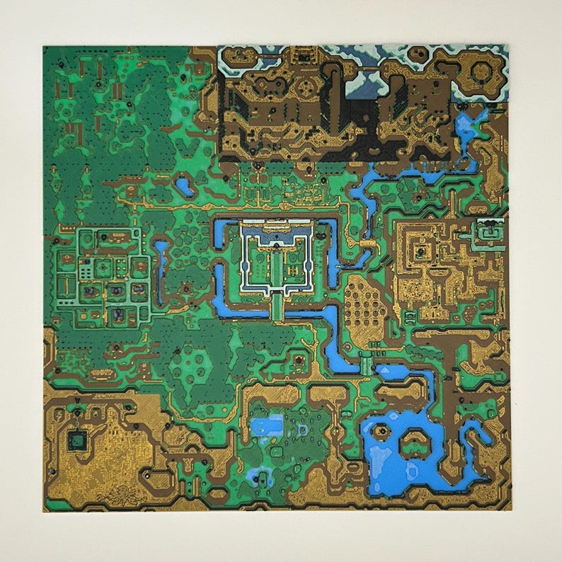 May include: A detailed map illustration featuring a green, gold, and blue color scheme. The artwork depicts a stylized landscape with various structures, waterways, and terrain features. The map is set against a white background.