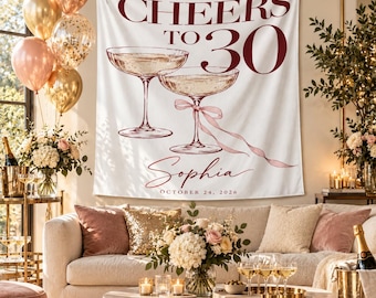 Personalized 30th Birthday Tapestry, Custom Name and Date Cheers to 30 Champagne Glass Wall Hanging, Milestone Party Backdrop Gift for Her