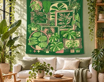 Green Botanical Tapestry, Vintage Herbs Mushrooms and Plant Collage Wall Hanging, Cottagecore Plant Art for Bedroom Living Room Garden Decor