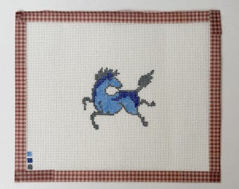Hand Painted Needlepoint Canvas Blue Horse Vintage Style