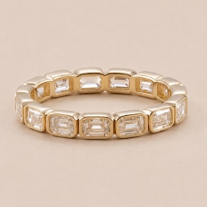 Emerald Cut Lab Grown Diamond Bezel Set Eternity Ring, IGI Certified Wedding Band, 14K Gold Stackable Band, Luxury Gift For Her