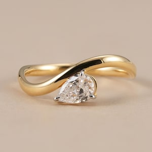 Pear Cut Lab Diamond East West Engagement Ring, Curved Wave Band, 14K Gold Solitaire Bridal Jewelry