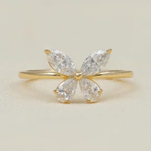 Marquise Cut Lab Grown Diamond Butterfly Ring, Nature Inspired Solitaire Engagement Ring, 14K Gold Promise Jewelry