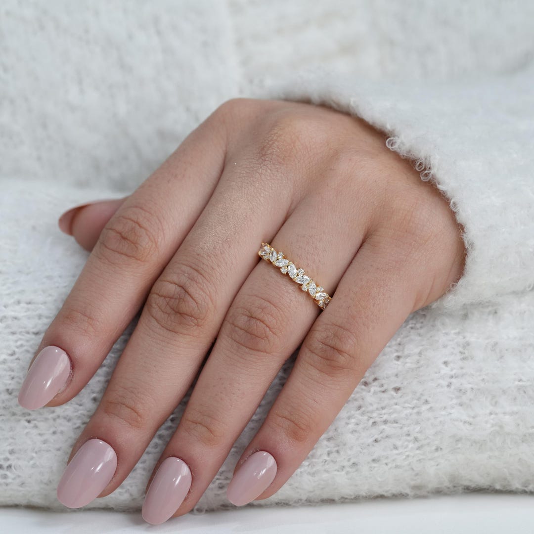 Marquise & Round Lab Diamond Wedding Band, 14K Gold Half Eternity Stack ...