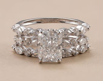 Radiant Cut Lab Diamond Enhancer Bridal Set, Three Piece Stackable Wedding Band Set, Elegant Engagement Ring Trio Gift For Women's