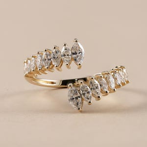 Marquise Cut Lab Grown Diamond Open Cuff Ring, 14K Gold Chevron Wrap Band, Fine Gold Anniversary Jewelry