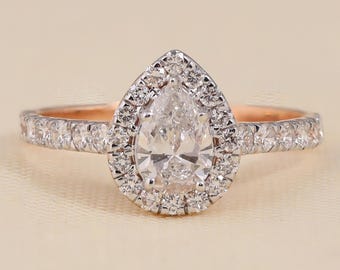 Pear Cut Lab Grown Diamond Engagement Ring, Halo Wedding Ring, 14K Gold Bridal Jewelry, Gift For Women's