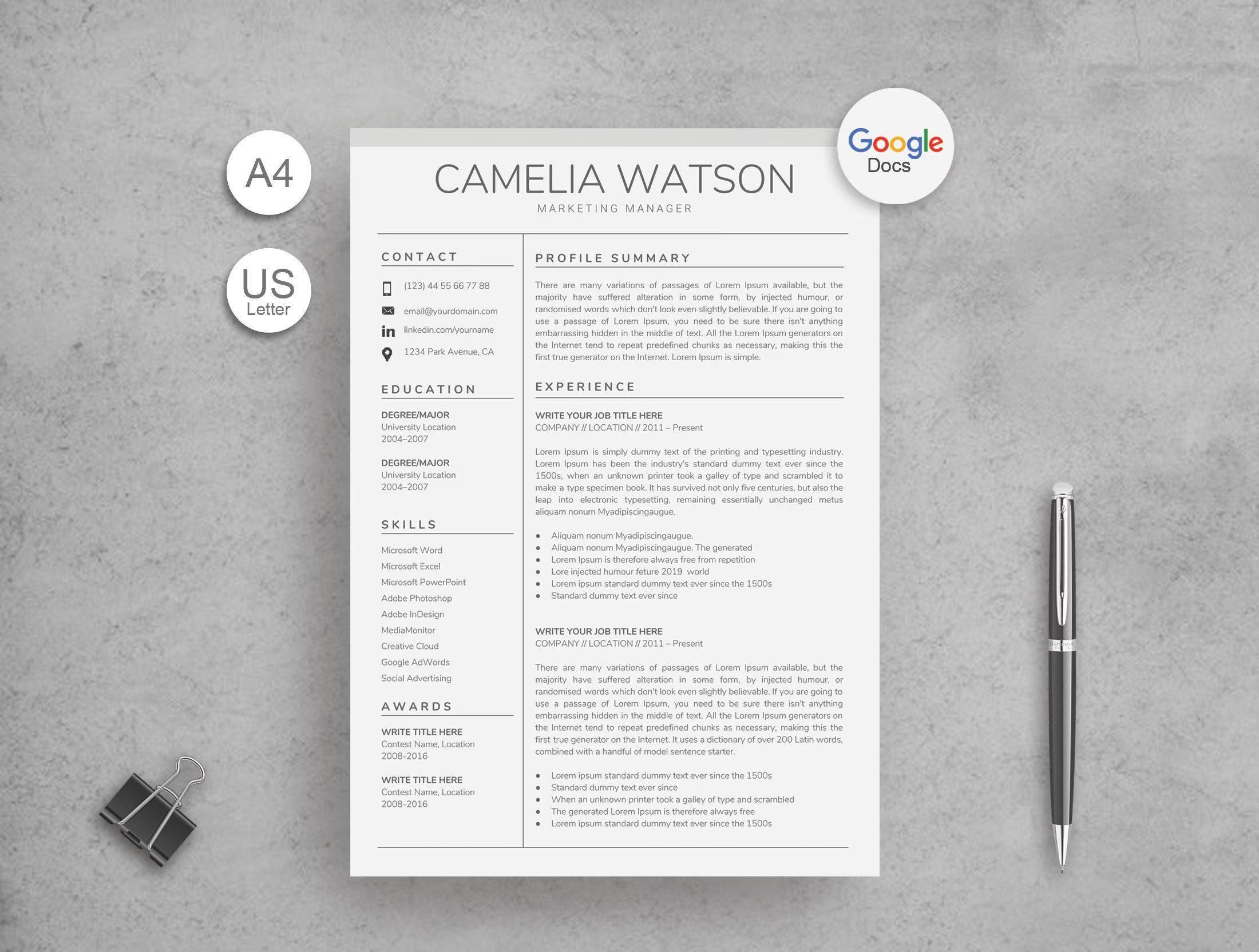 Modern Resume Template for Google Docs, Editable CV, Professional ...
