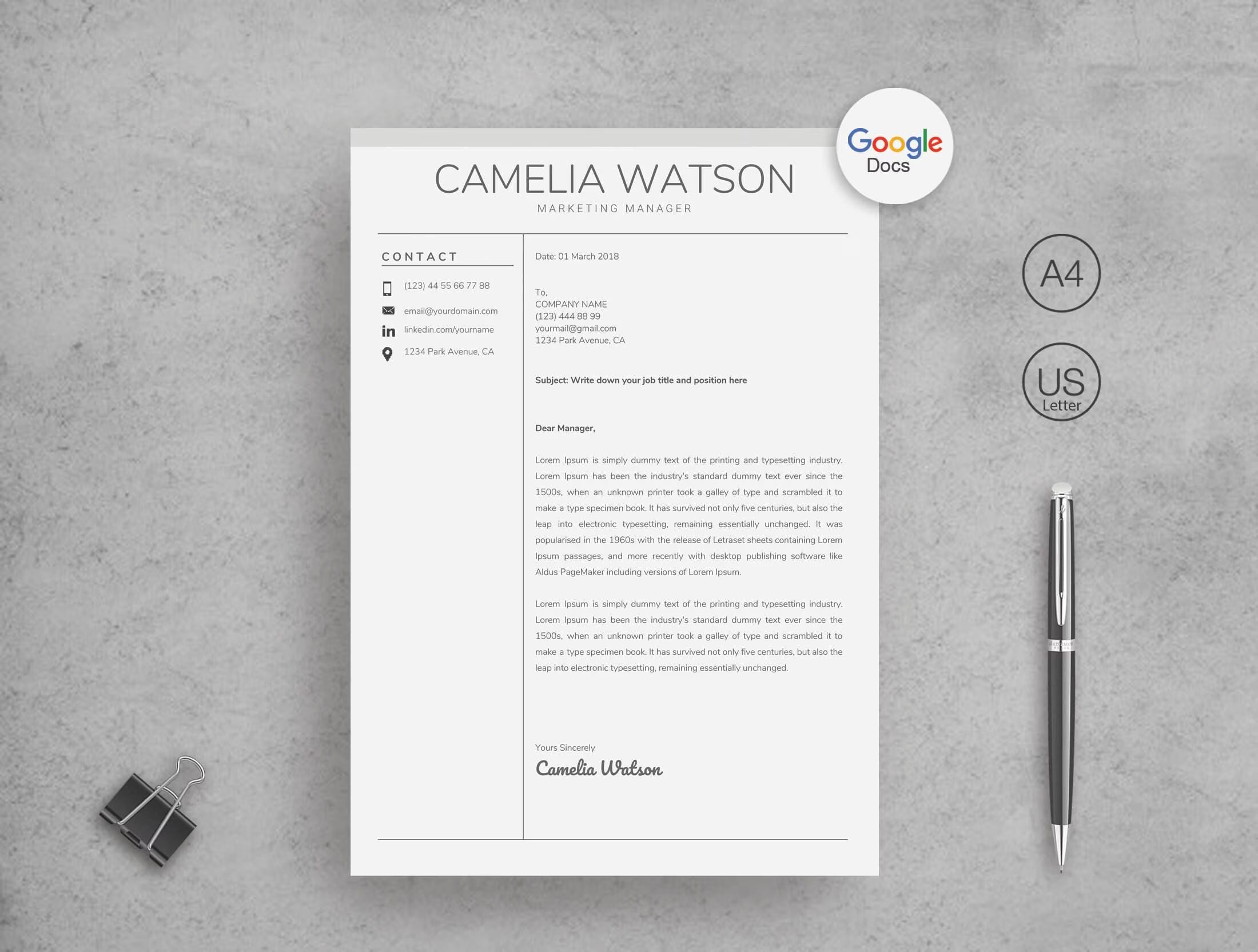 Modern Resume Template for Google Docs, Editable CV, Professional ...