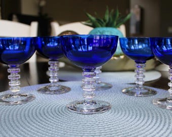 Juego de 5 copas de vino vintage azul cobalto – Copas de bar estilo MCM con tallo acanalado en forma de pelota de golf