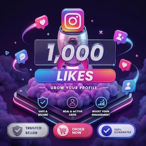 May include: A digital graphic featuring a silver rocket launching from a platform, topped with an Instagram icon. Text reads 1,000 LIKES, GROW YOUR PROFILE, SAFE & SECURE, REAL & ACTIVE LIKES, BOOST YOUR ENGAGEMENT, TRUSTED SELLER, ORDER NOW, 100% GUARANTEE.