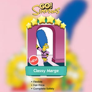 Pode incluir: Um cartão colecionável digital com Marge Simpson com seu característico cabelo azul alto, vestindo um terno rosa. O cartão é rotulado como Classy Marge, coroado com cinco estrelas amarelas e inclui um emblema vermelho NEW no fundo.
