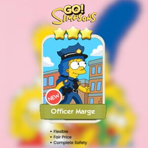 Pode incluir: Um cartão colecionável digital retangular do Go! Simpsons apresentando um personagem de pele amarela vestido como policial com cabelo azul, uniforme azul e boné. O cartão exibe três estrelas douradas, um emblema vermelho NEW e o texto Officer Marge.