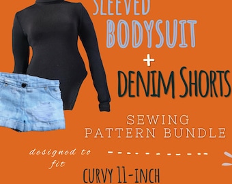 Doll Clothes Sewing Pattern: Sleeved Bodysuit, Denim Shorts for Curvy Dolls (PDF)