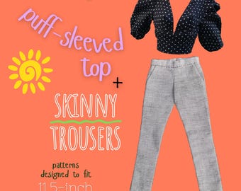 Doll Clothes Sewing Pattern: Puff-sleeved Top, Skinny Trousers for 11.5-inch Slim Fashion Dolls (PDF)