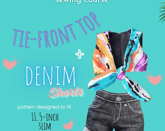 Doll Clothes Sewing Pattern: Tie-front Top, Denim Shorts for 11.5-Inch Slim Fashion Dolls (PDF)