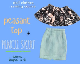 Doll Clothes Sewing Pattern: Peasant Top, Pencil Skirt for 11.5-inch Slim Fashion Dolls (PDF)