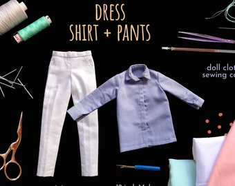 Doll Clothes Sewing Course PDF Pattern and Instructions - Dress Shirt, Tie, and Dress Pants for 12-inch Articulated Male Fashion dolls