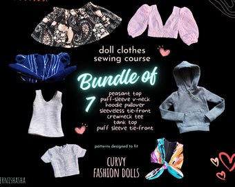 Digital Sewing Course - Tops for 11-inch Curvy Doll Bundle of 7 PDF Sewing Patterns and Instructions Blouses Tops Tees for 1:6 Fashion Dolls