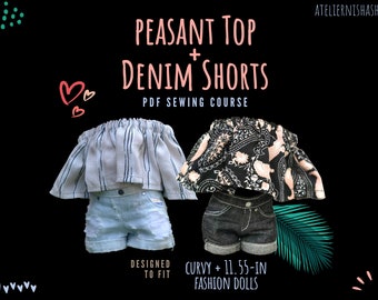 Bundle of 3 PDF Sewing Patterns - Peasant Top and Denim Shorts for Sixth-scale CURVY and 11.5-inch Fashion Dolls