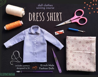 Puede incluir: Una camisa de muñeca azul claro con suministros de costura, incluyendo hilo, tijeras y tela. Se muestra el texto "DRESS SHIRT". La imagen también incluye el texto "12-inch Male Fashion Dolls".