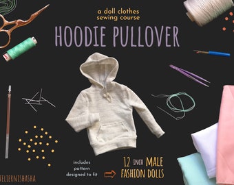 Puede incluir: Un patrón de costura para sudadera con capucha gris para muñecas de moda masculinas de 30,5 cm. El patrón incluye instrucciones y está diseñado para ajustarse. La imagen muestra el patrón, los materiales de costura y la tela.