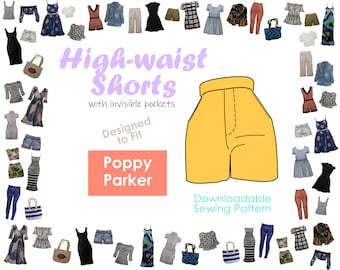 PDF Schnittmuster - High-Waist Shorts mit unsichtbaren Taschen für Poppy Parker Puppen | Miniaturen Hose | Herunterladbare Dateien | DIY Basteln