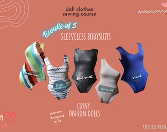 Budget Bundle of 5 Sleeveless Bodysuits PDF Sewing Patterns for 11-inch CURVY Fashion Dolls